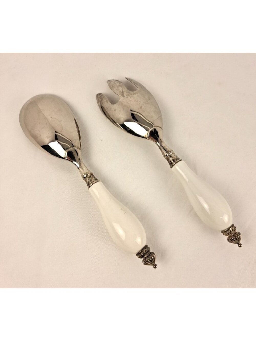 VTG GODINGER Silverplated White Porcelain Handle Spoon Fork Server Set 10.75" L - Picture 5 of 9